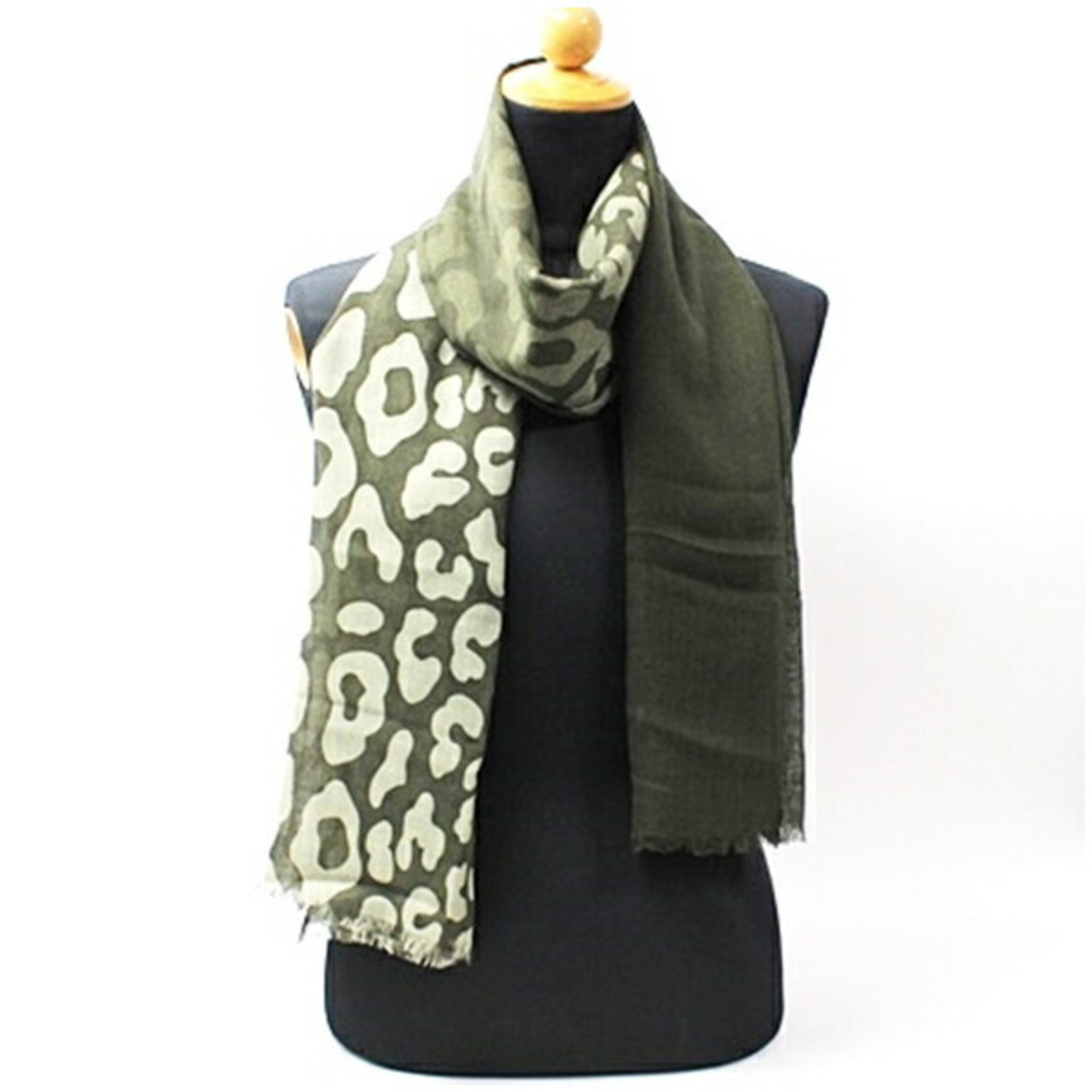 Gucci Wool Silk Rectangular Stole Scarf Moss Green Leopard Print Gucci Women's